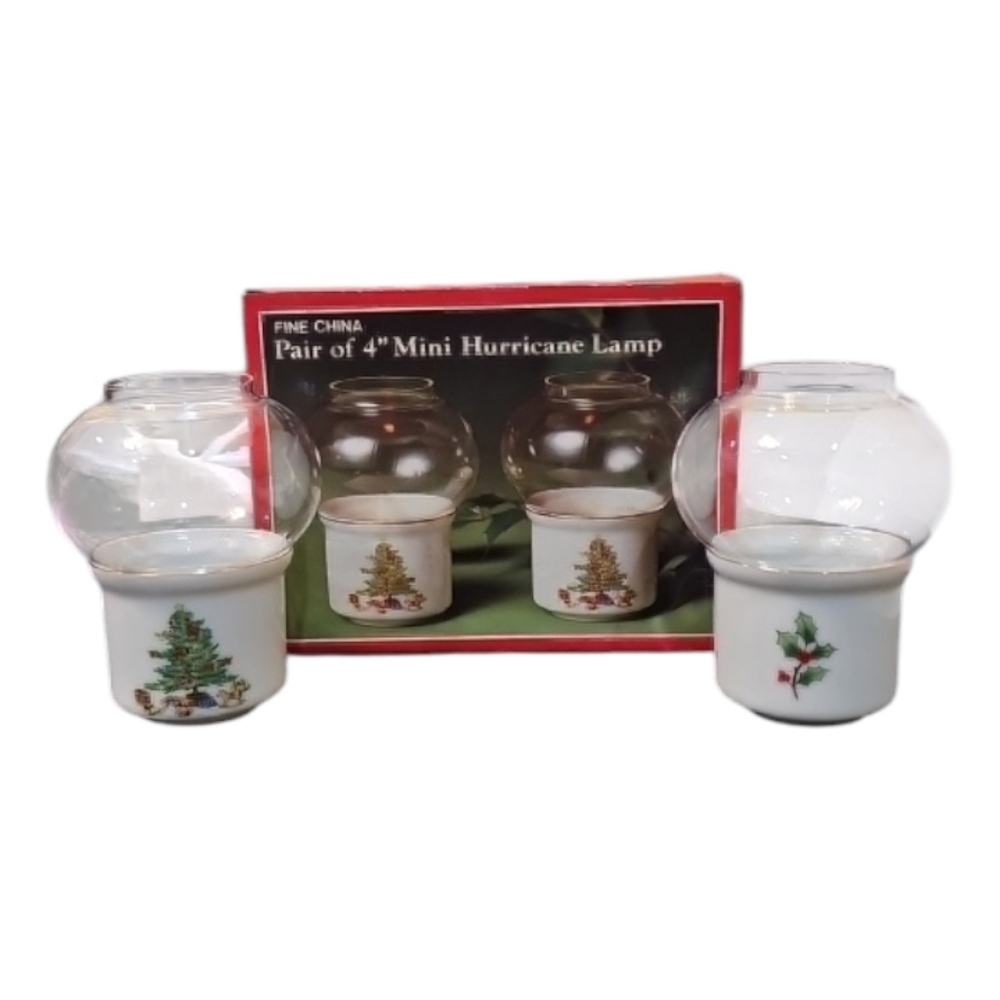 Vintage Pair 4" Christmas Mini Hurricane Lamp Holiday Hostess Japan Fine China